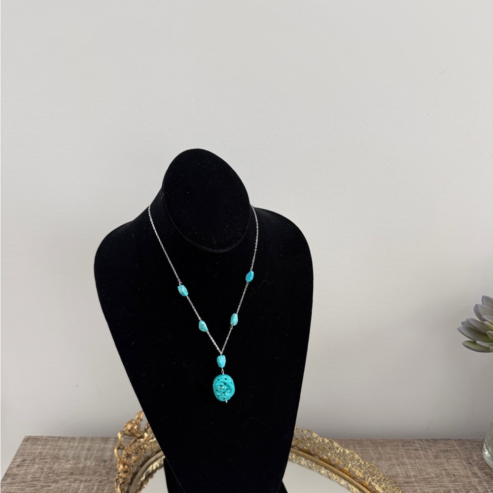 Antique Vintage Necklace Carved Navajo Nature turquoise Bead Pendant 20”
